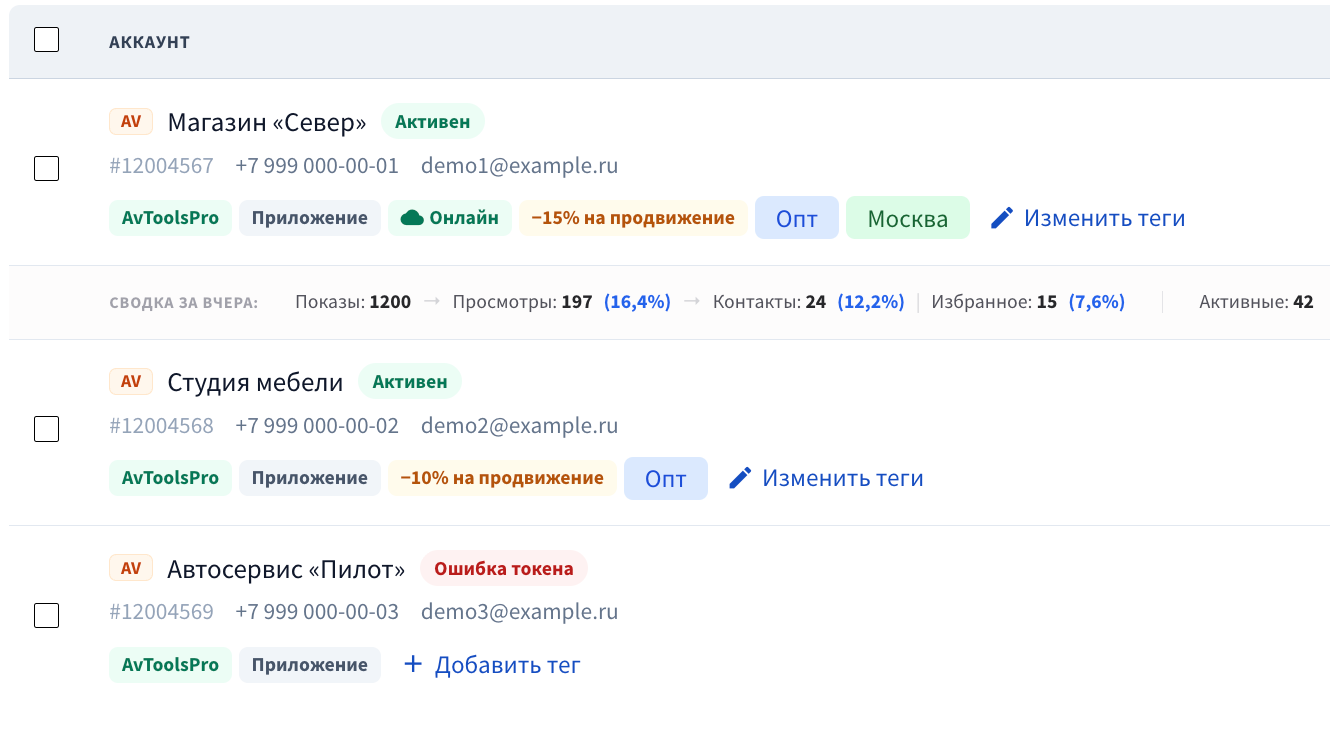 Аккаунты → Список аккаунтов, строка аккаунта Авито: под названием — плашки (статус, «Приложение»/«Клиент»), 1–2 тега и кнопка «Изменить теги»; у второго аккаунта без тегов — кнопка