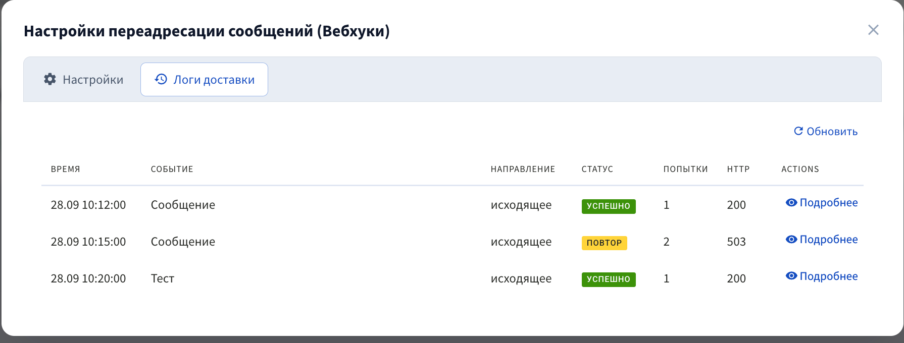 Окно «Настройки переадресации сообщений (Вебхуки)», вкладка «Логи доставки» с несколькими записями (успешная, повтор, тест). Выделить колонки «Статус» и «HTTP» и кнопку «Подробнее»