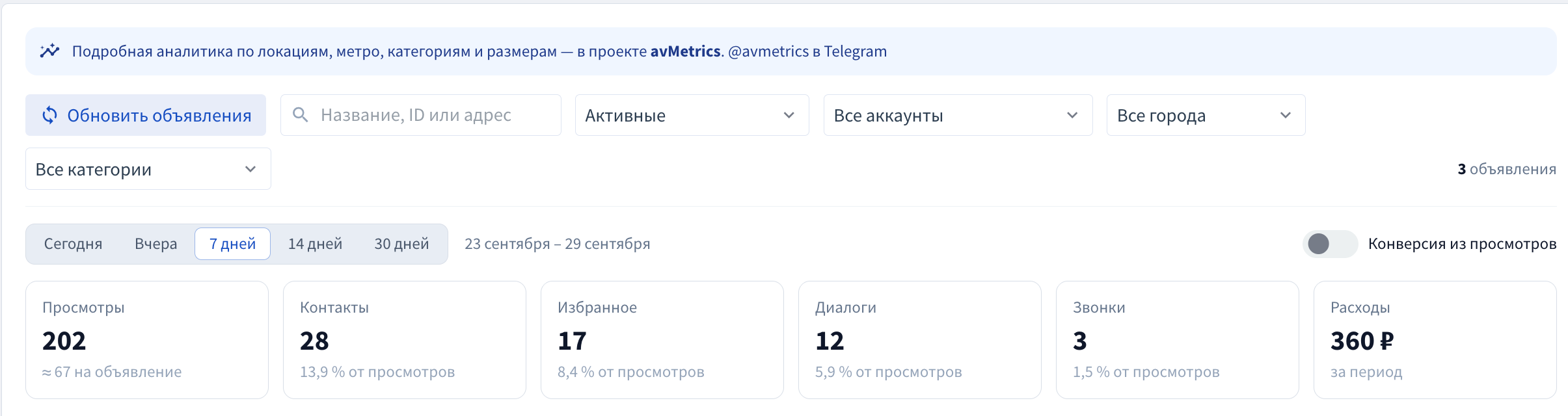 Фильтры и статистика учебных объявлений