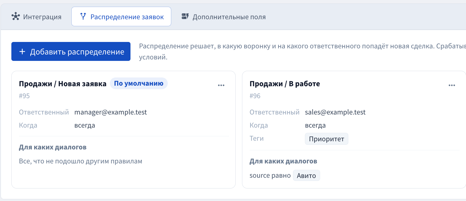 Тестовые распределения заявок amoCRM с ID и ответственными